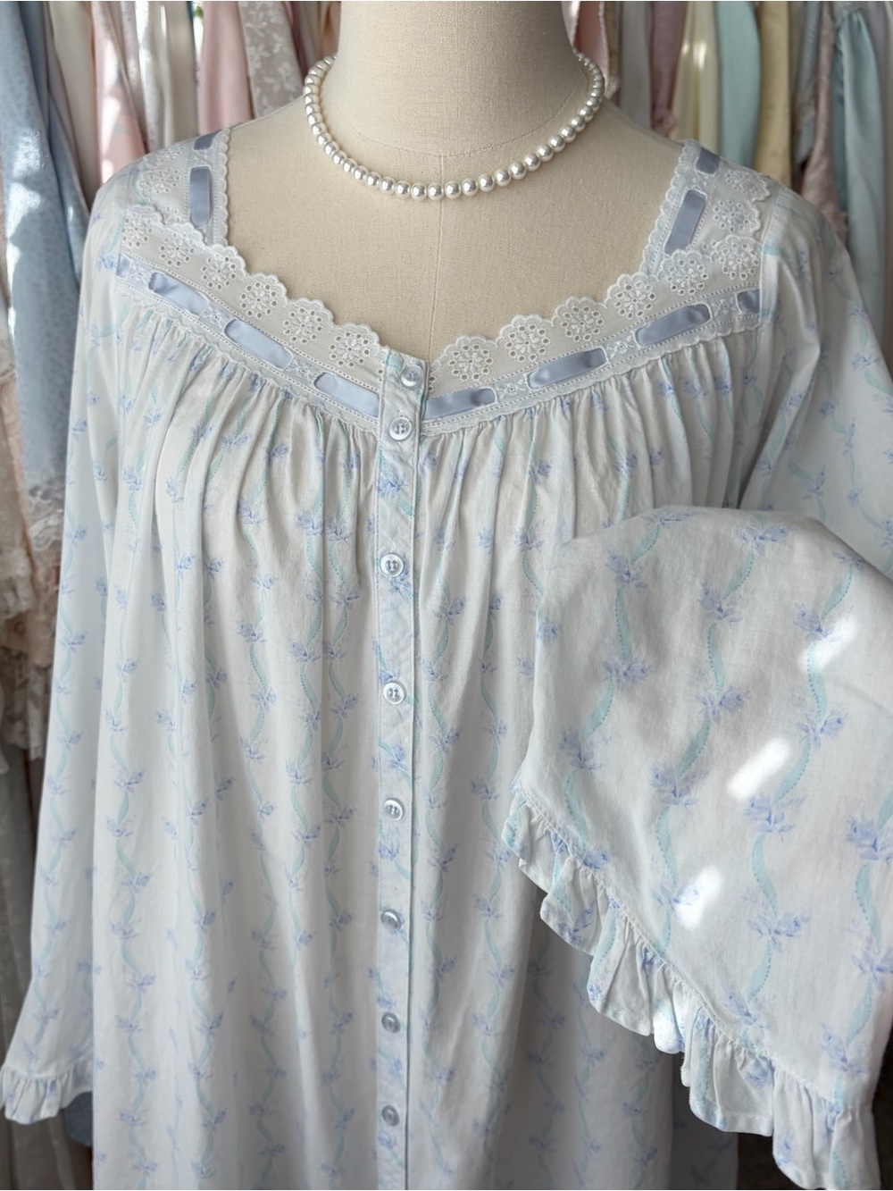 vintage eileen west blue ribbon floral cotton nightgown pockets
